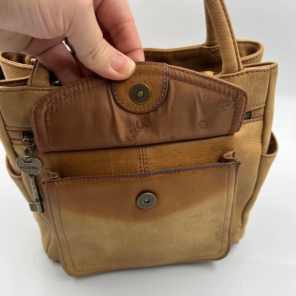 FOSSIL Vintage Tan Leather Satchel Removable Straps Zippered Pockets Crossbody - Picture 12 of 14